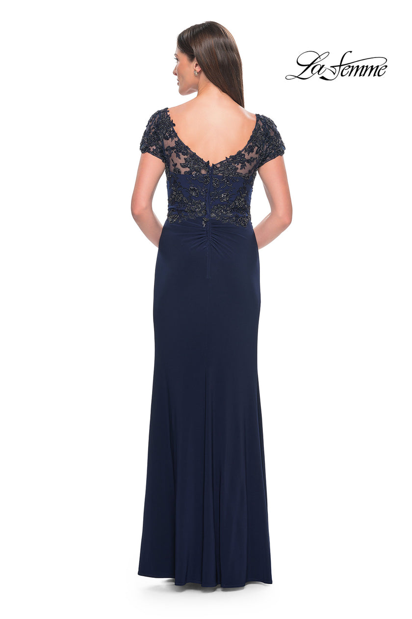 Picture of: Chic Jersey and Lace Evening Dress with Short Sleeves in Navy, Style: 31805, Back Picture