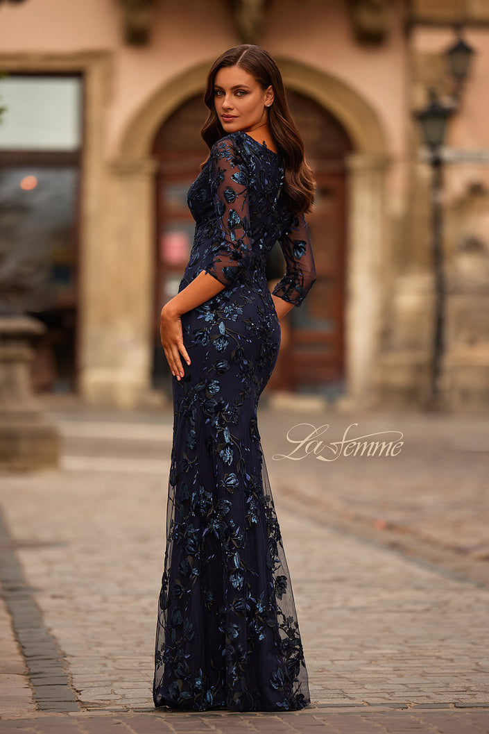 Picture of: Three Quarter Sleeve Sequin Lace Mother of the Bride Dress in Navy, Style: 31836, Back Picture