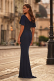 Picture of: Flutter Sleeve Rhinestone Embellished Evening Dress in Navy, Style: 32495, Back Picture