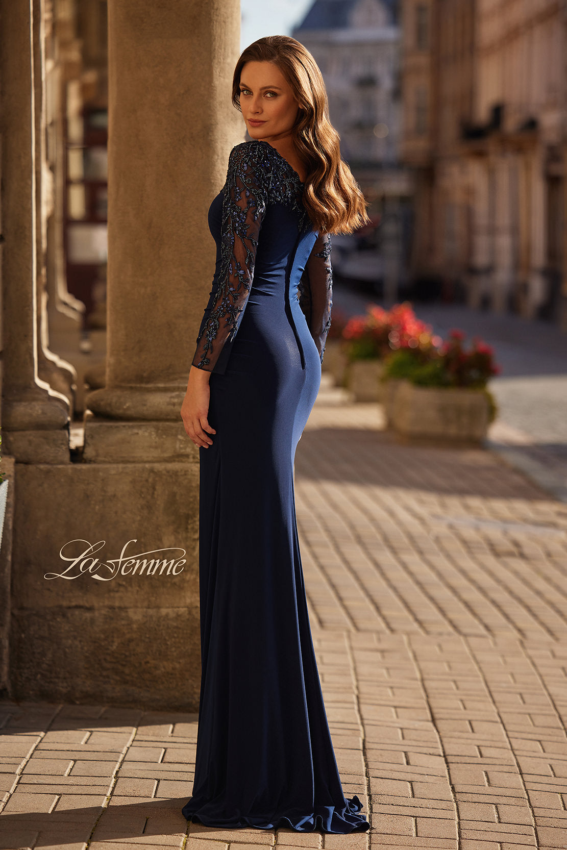 Picture of: Elegant Evening Jersey Dress with Illusion Lace Sleeves in Navy, Style: 32609, Back Picture