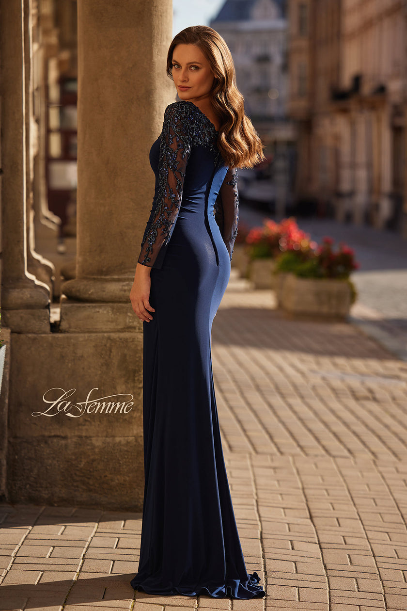 Picture of: Elegant Evening Jersey Dress with Illusion Lace Sleeves in Navy, Style: 32609, Back Picture