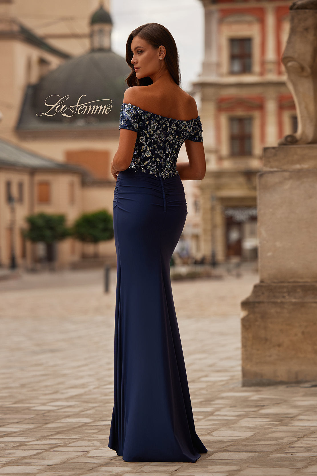 Picture of: Off the Shoulder Jersey Gown with Floral Sequin Top in Navy, Style: 32739, Back Picture