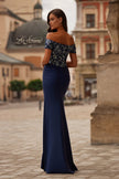 Picture of: Off the Shoulder Jersey Gown with Floral Sequin Top in Navy, Style: 32739, Back Picture