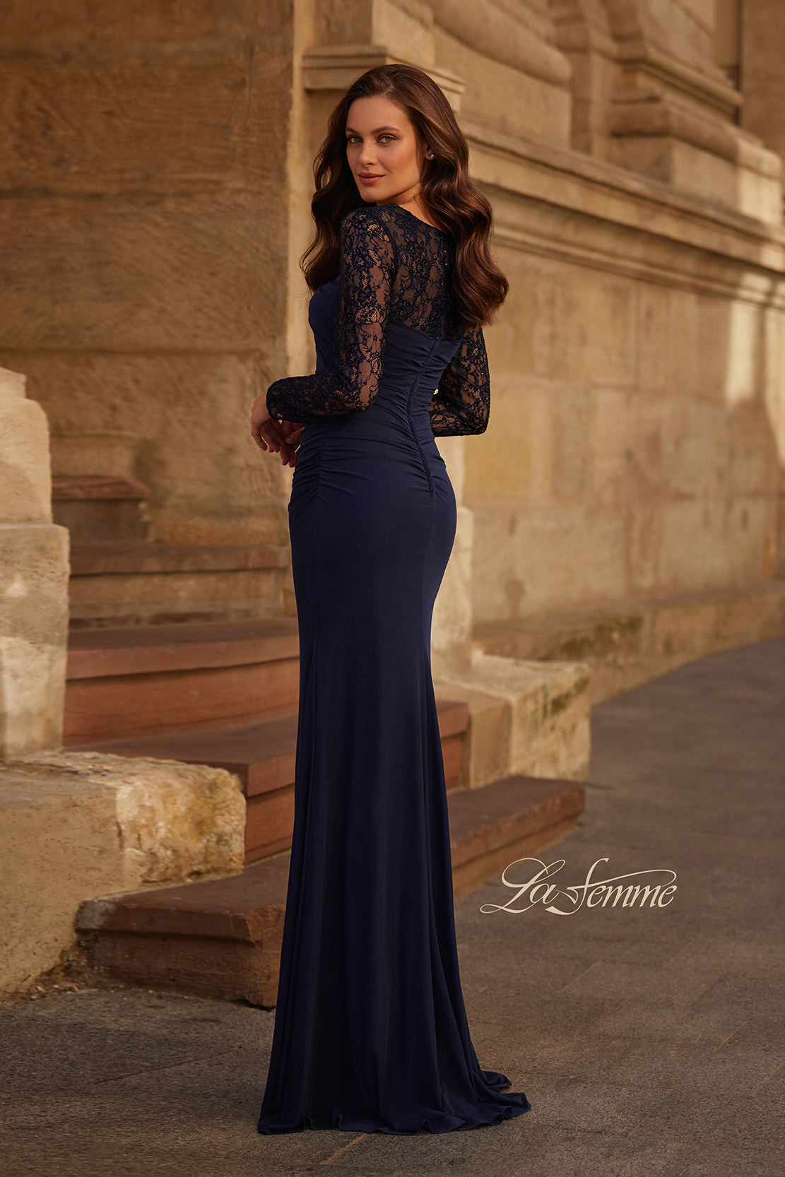 Picture of: Long Sleeve Evening Dress with Ruching and Lace Details in Navy, Style: 33121, Back Picture