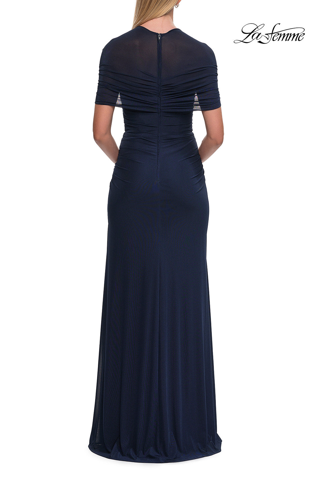 Picture of: Long Net Jersey Ruched Evening Dress with Short Sleeves in Navy, Style: 33124, Back Picture