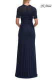 Picture of: Long Net Jersey Ruched Evening Dress with Short Sleeves in Navy, Style: 33124, Back Picture