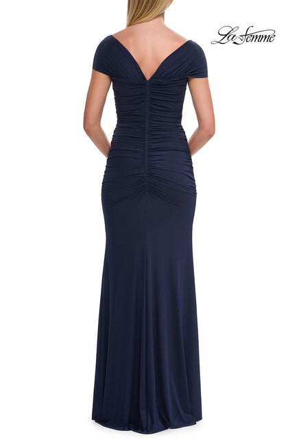 Picture of: Simple Ruched Cap Sleeve Net Jersey Gown in Navy, Style: 33506, Back Picture