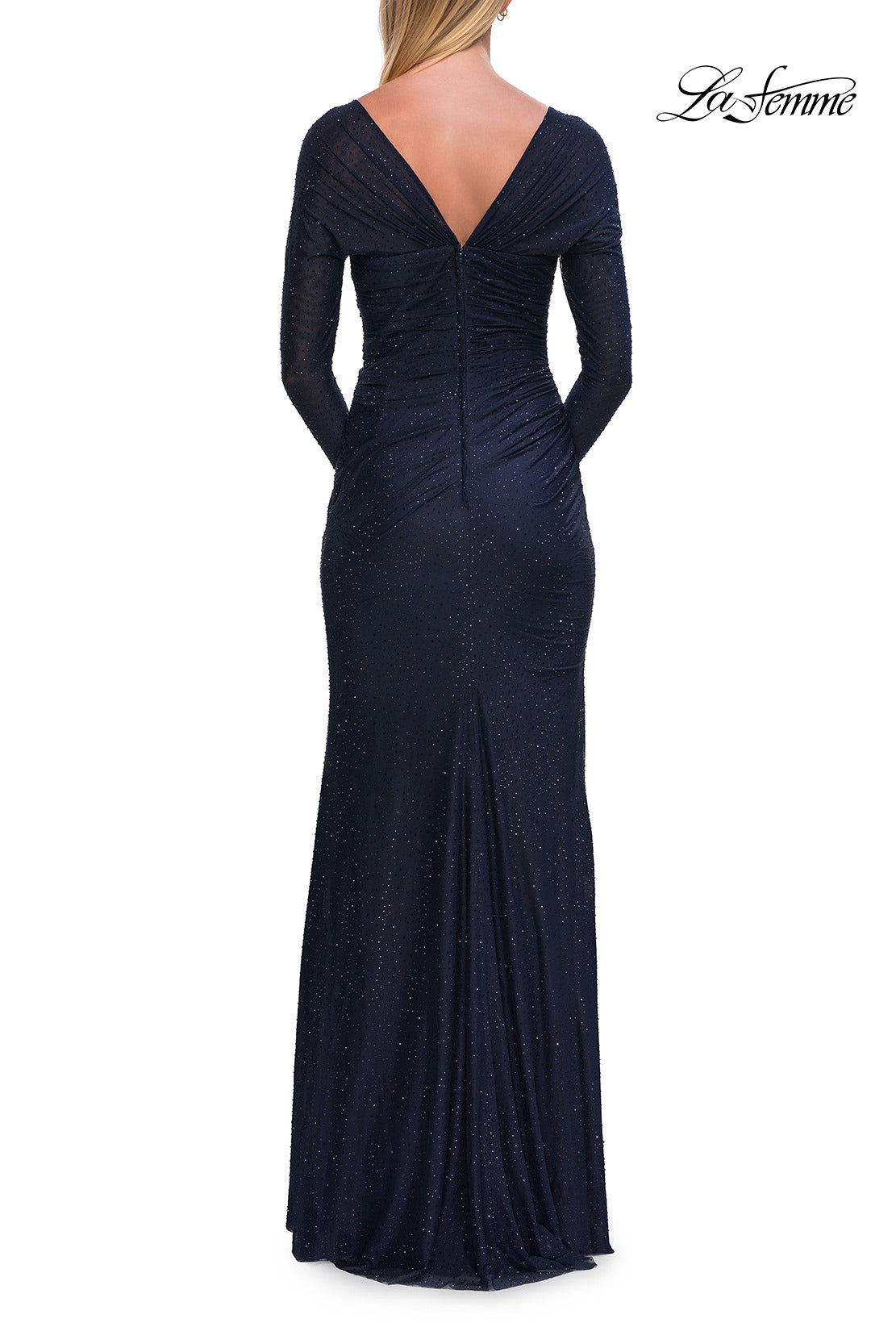 Picture of: Long Sleeve Rhinestone Jersey Gown with Sweetheart Neckline in Navy, Style: 33642, Back Picture