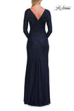 Picture of: Long Sleeve Rhinestone Jersey Gown with Sweetheart Neckline in Navy, Style: 33642, Back Picture