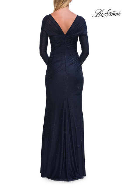 Picture of: Long Sleeve Rhinestone Jersey Gown with Sweetheart Neckline in Navy, Style: 33642, Back Picture