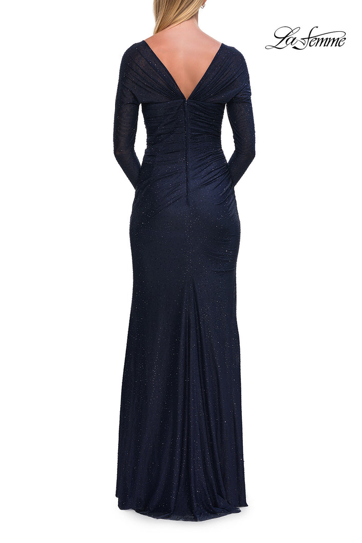 Picture of: Long Sleeve Rhinestone Jersey Gown with Sweetheart Neckline in Navy, Style: 33642, Back Picture