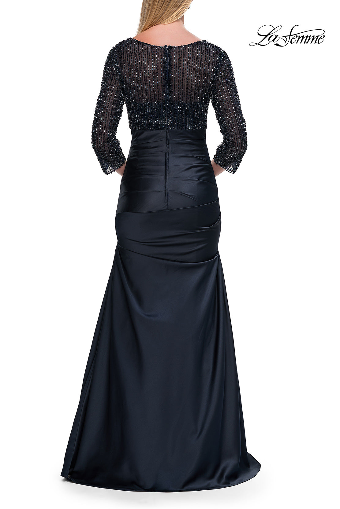 Picture of: Beaded Bodice Satin Gown with Three-Quarter Sleeves in Navy, Style: 33659, Back Picture