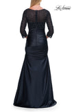 Picture of: Beaded Bodice Satin Gown with Three-Quarter Sleeves in Navy, Style: 33659, Back Picture