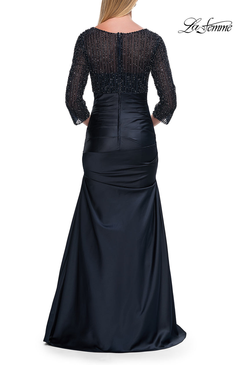 Picture of: Beaded Bodice Satin Gown with Three-Quarter Sleeves in Navy, Style: 33659, Back Picture