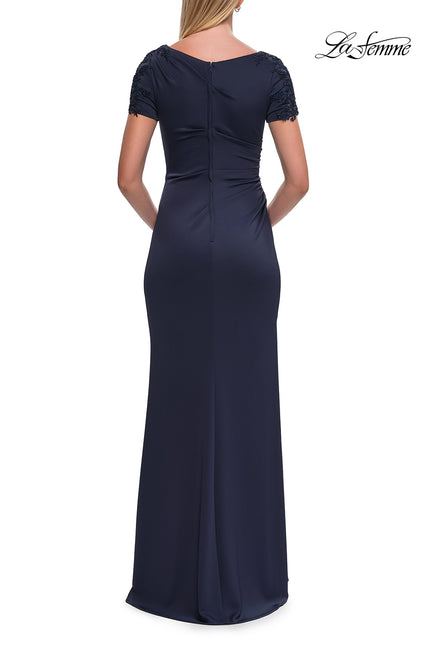 Picture of: Short Sleeve Embellished Shoulder Evening Gown in Navy, Style: 33693, Back Picture