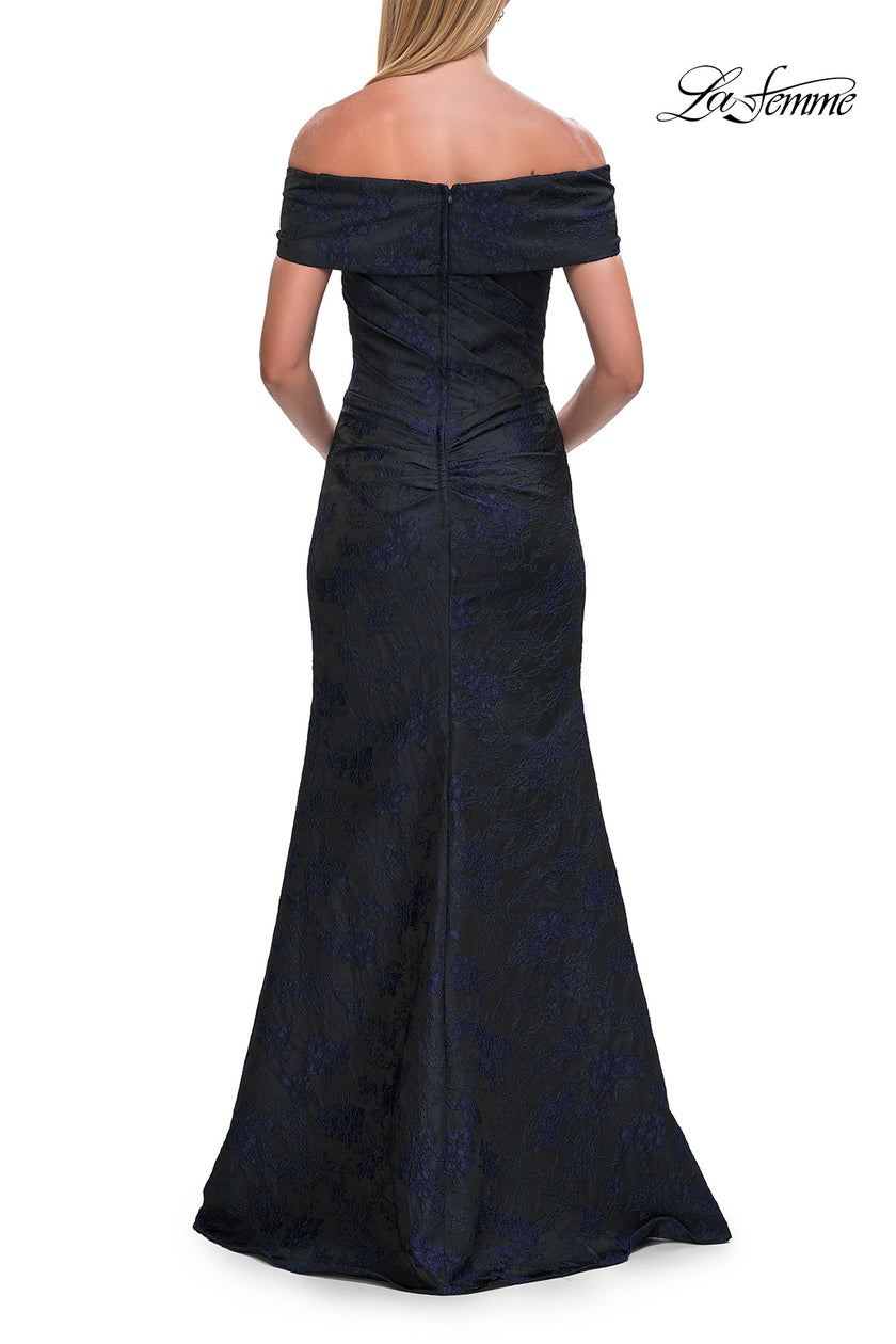 Picture of: Off-the-Shoulder Jacquard Evening Gown in Navy, Style: 33711, Back Picture