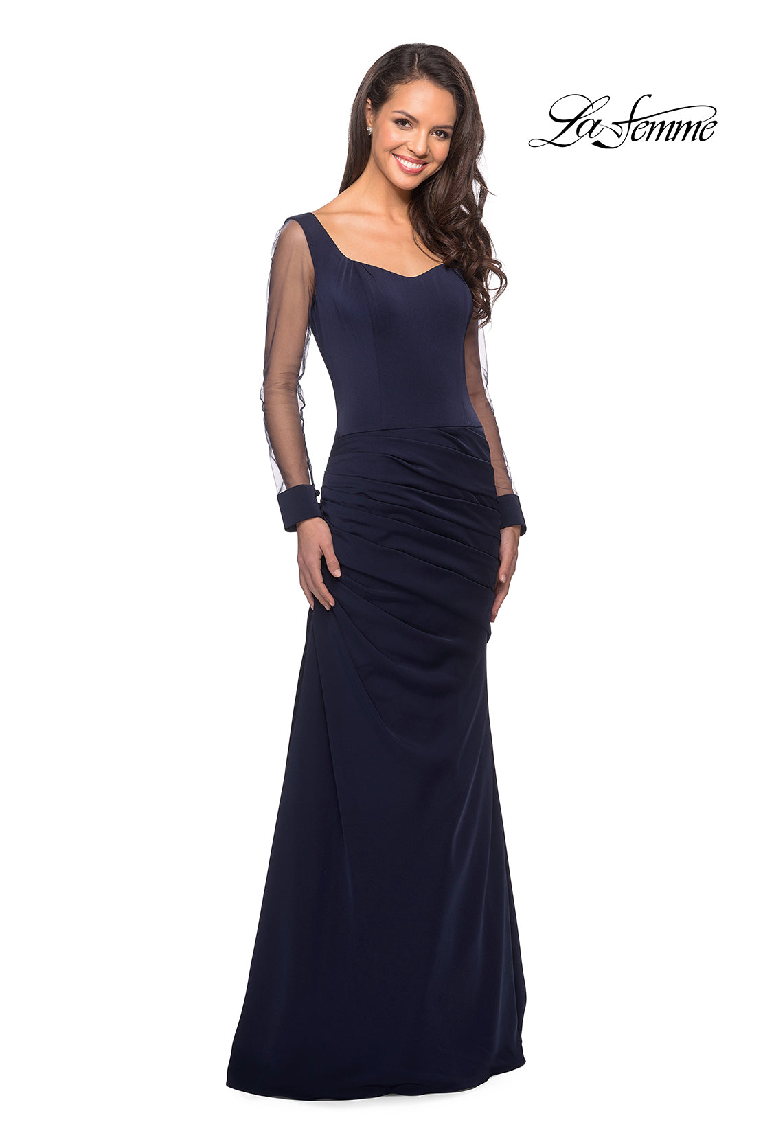 Picture of: Long Jersey Gown with Sheer Long Sleeves and Ruching in Navy, Style: 25064, Detail Picture 1