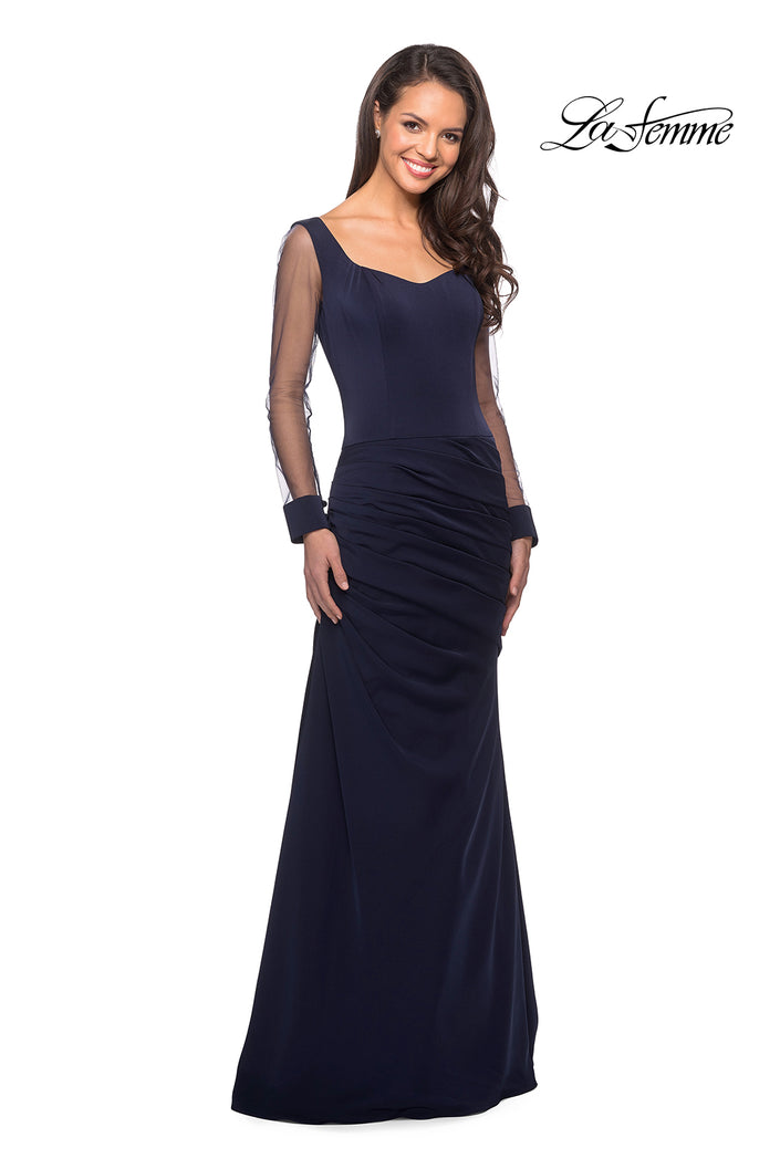 Picture of: Long Jersey Gown with Sheer Long Sleeves and Ruching in Navy, Style: 25064, Detail Picture 1