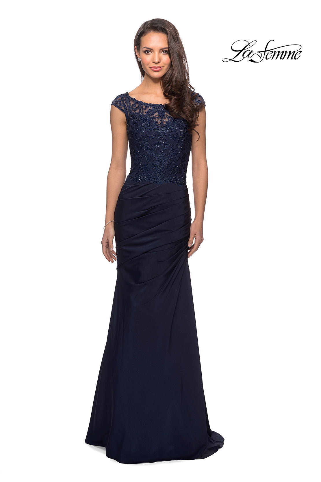 Picture of: Floor Length Jersey Dress with Embellished Bodice in Navy, Style: 25396, Detail Picture 1