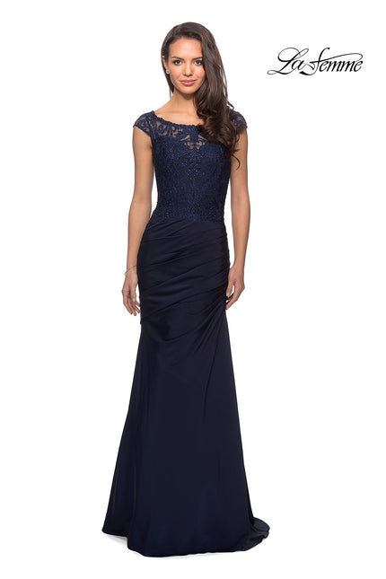 Picture of: Floor Length Jersey Dress with Embellished Bodice in Navy, Style: 25396, Detail Picture 1