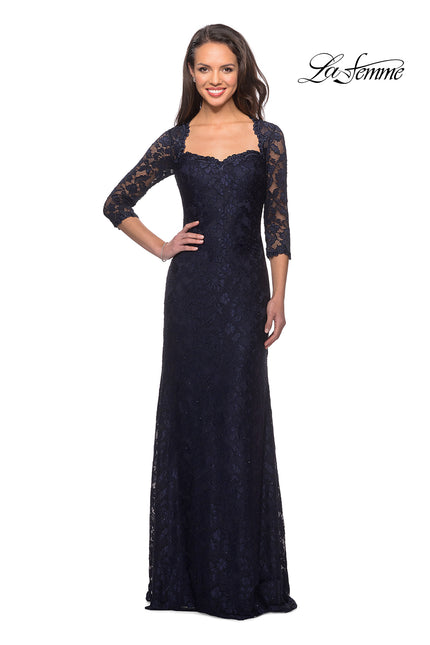 Picture of: Long Lace Gown with Sweetheart Neckline in Navy, Style: 26427, Detail Picture 1