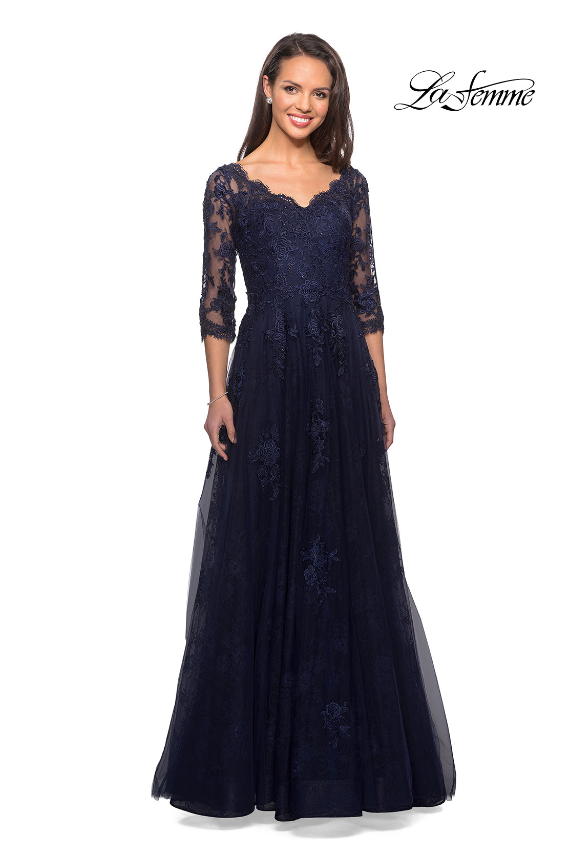 Picture of: Long Lace Gown with Sheer Sleeves and Pockets in Navy, Style: 26959, Detail Picture 1