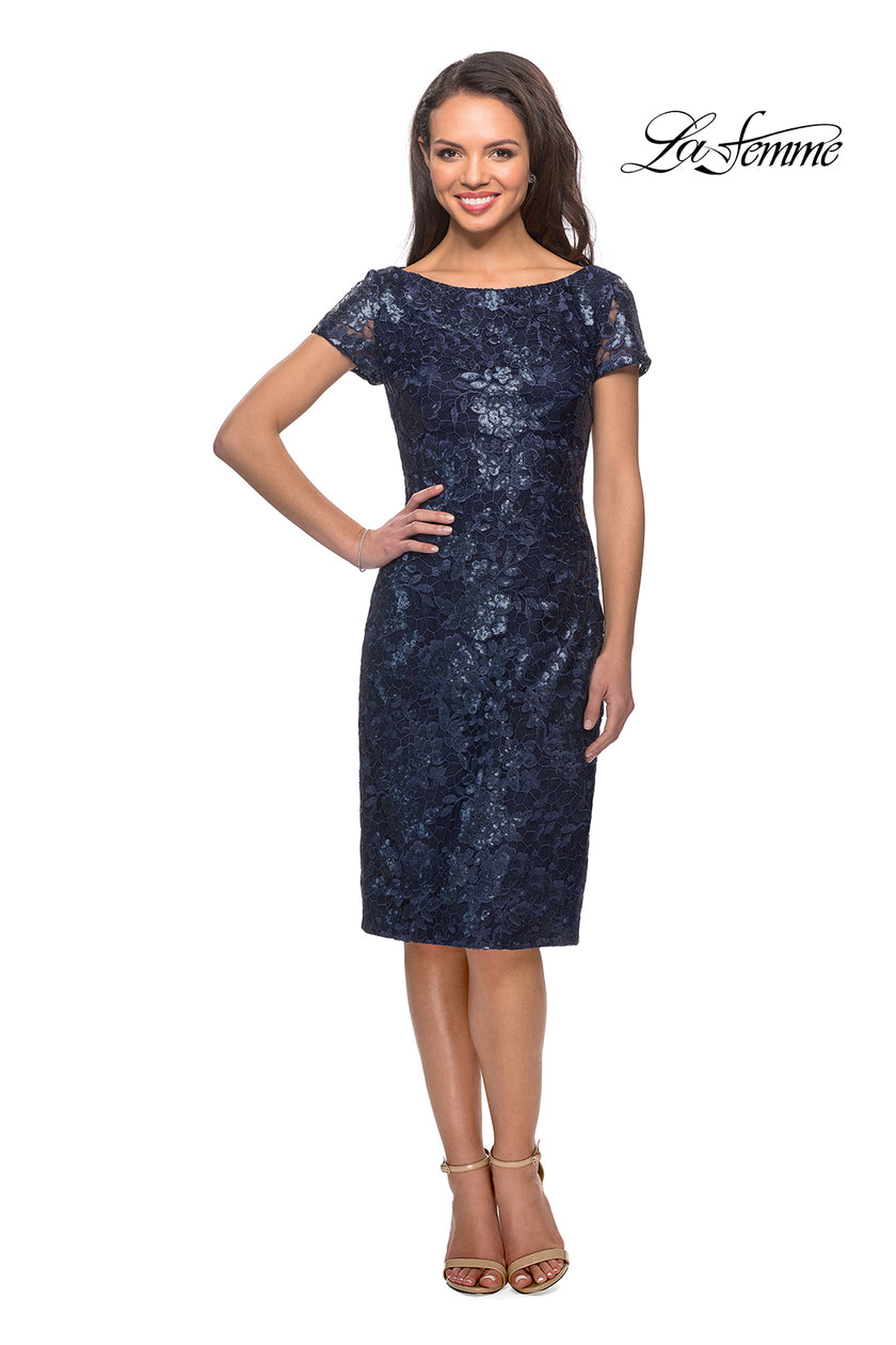 Picture of: Knee Length Lace Dress with Short Sleeves in Navy, Style: 27828, Detail Picture 1