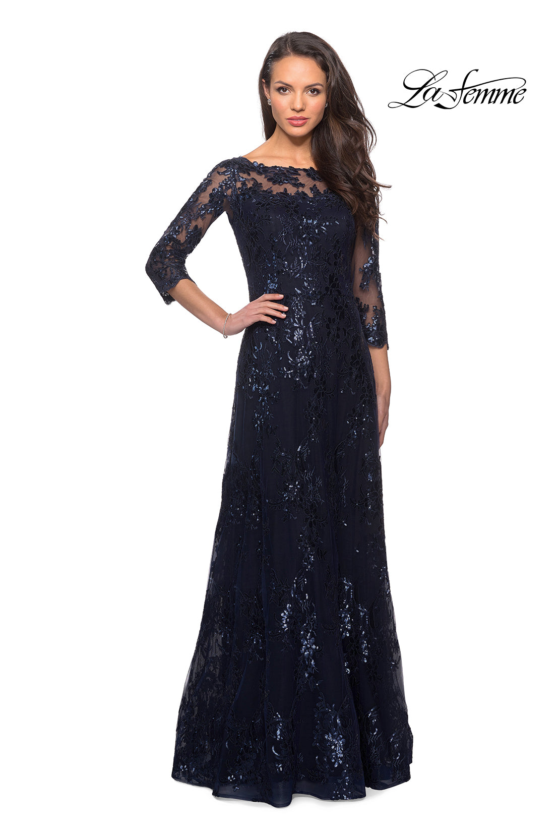 Picture of: Long Lace Dress with Sequins and Sheer 3/4 Sleeves in Navy, Style: 27885, Detail Picture 1