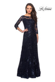 Picture of: Long Lace Dress with Sequins and Sheer 3/4 Sleeves in Navy, Style: 27885, Detail Picture 1
