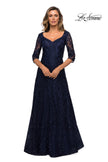 Picture of: Embroidered Lace Gown with V Neckline and Flare Skirt in Navy, Style: 27949, Detail Picture 1
