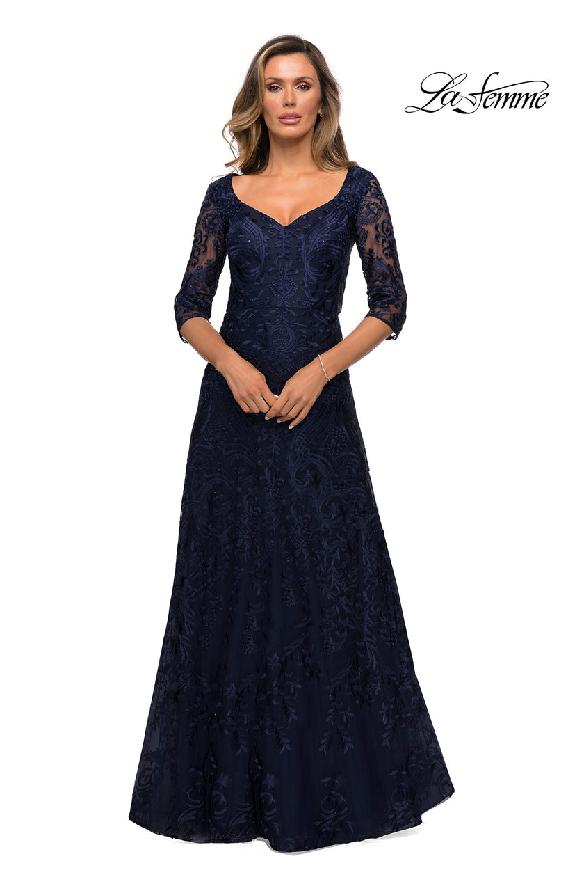 Picture of: Embroidered Lace Gown with V Neckline and Flare Skirt in Navy, Style: 27949, Detail Picture 1