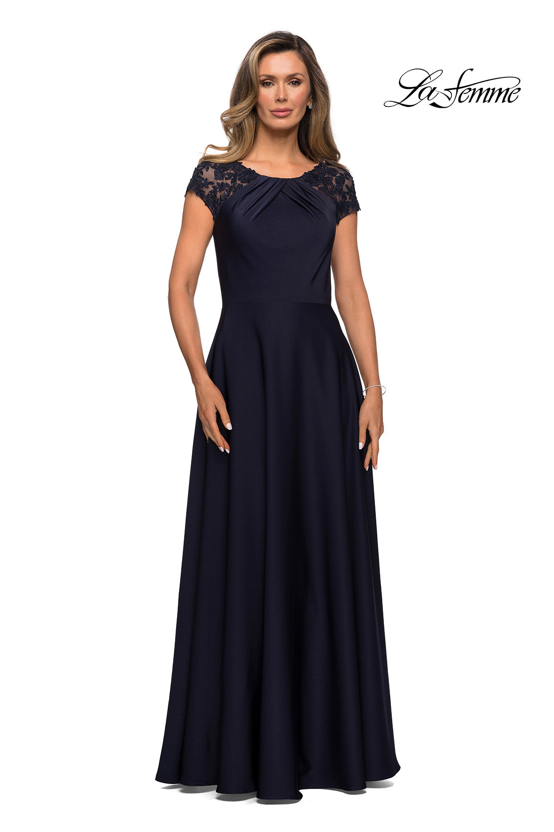 Picture of: Long Satin Dress with Sheer Floral Lace Cap Sleeves in Navy, Style: 28100, Detail Picture 1