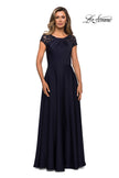 Picture of: Long Satin Dress with Sheer Floral Lace Cap Sleeves in Navy, Style: 28100, Detail Picture 1