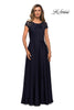 Picture of: Long Satin Dress with Sheer Floral Lace Cap Sleeves in Navy, Style: 28100, Detail Picture 1