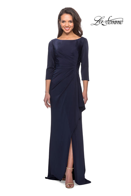 Picture of: Three Quarter Sleeve Jersey Dress with Ruching in Navy, Style: 28197, Detail Picture 1