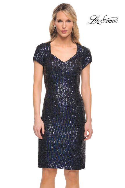 Picture of: Knee Length Sequin Dress with Short Sleeves in Navy, Detail Picture 1