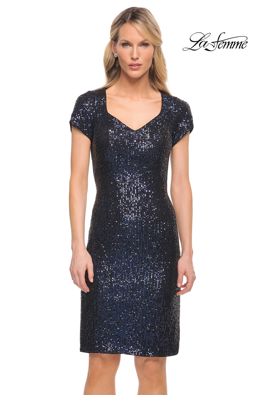 Picture of: Knee Length Sequin Dress with Short Sleeves in Navy, Detail Picture 1