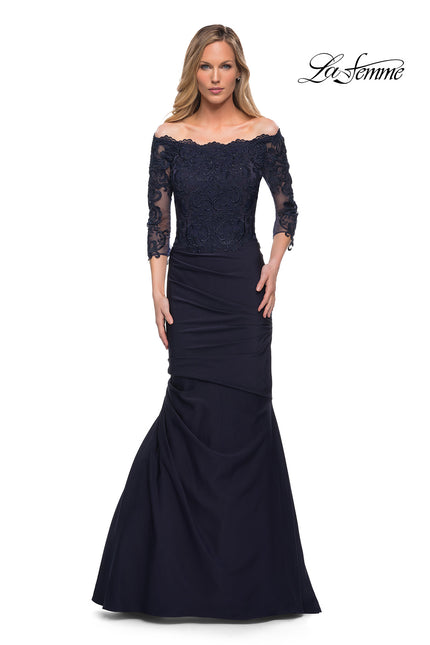 Picture of: Satin Mermaid Gown with Off the Shoulder Lace Bodice in Navy, Detail Picture 1