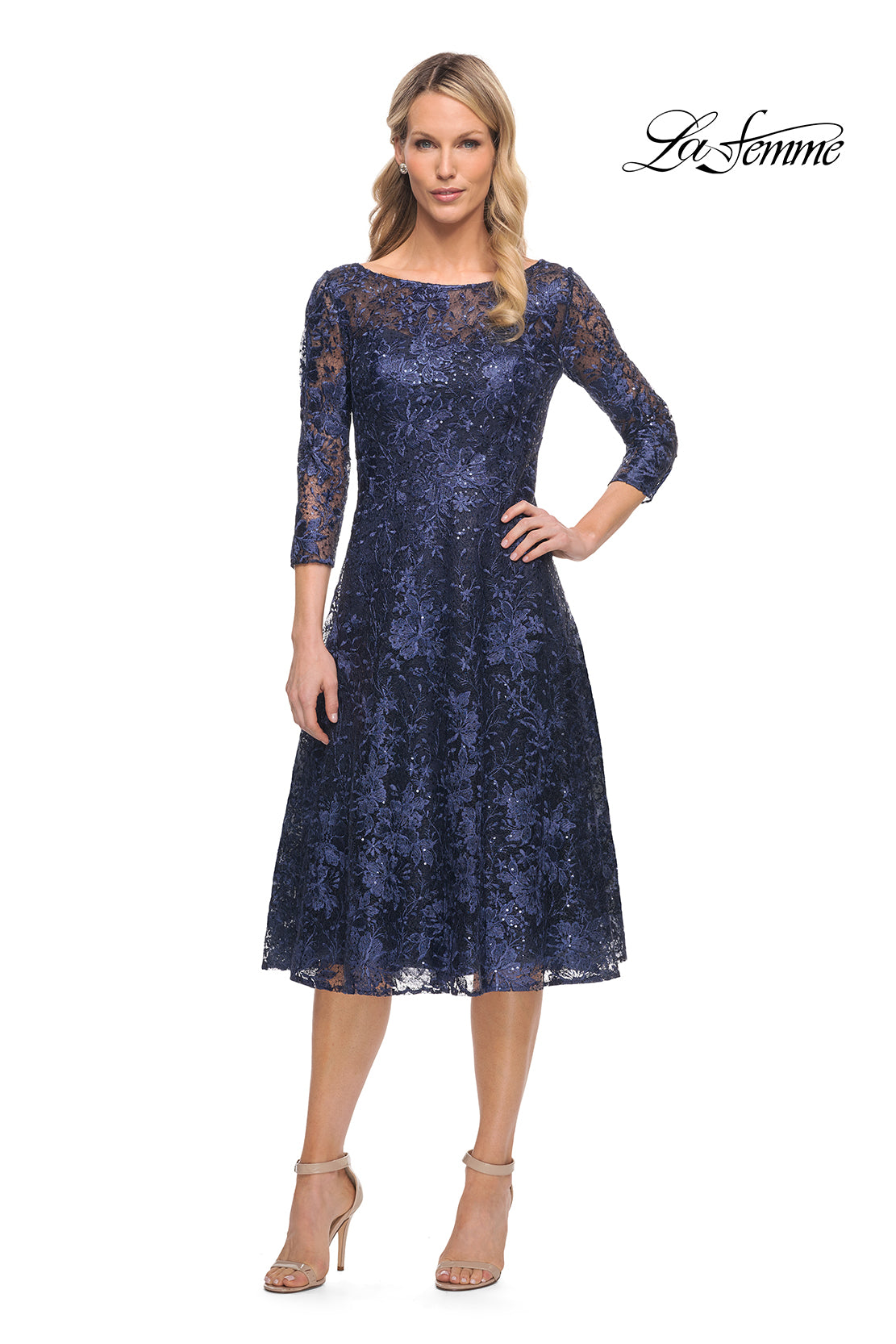 Picture of: Beautiful Lace Tea Length Gown with Three-Quarter Sleeves in Blue, Style: 30005, Detail Picture 1