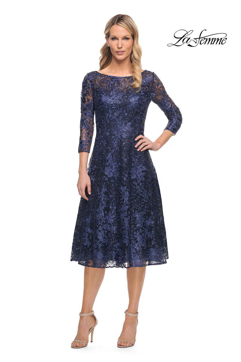 Picture of: Beautiful Lace Tea Length Gown with Three-Quarter Sleeves in Blue, Style: 30005, Detail Picture 1