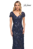 Picture of: Stunning Beaded Long Gown with V Neckline in Blue, Style: 30375, Detail Picture 1