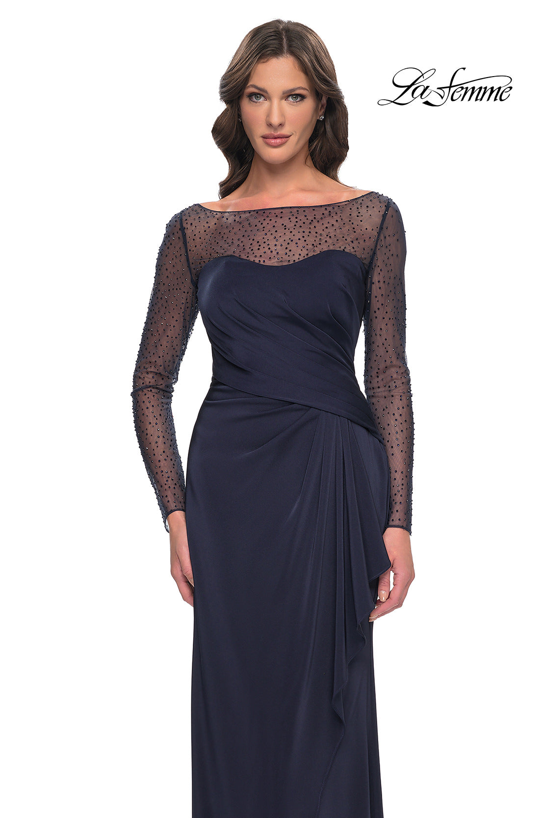 Picture of: Sleek Long Evening Dress with Ruching and Illusion Top in Navy, Style: 30808, Detail Picture 1