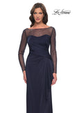Picture of: Sleek Long Evening Dress with Ruching and Illusion Top in Navy, Style: 30808, Detail Picture 1