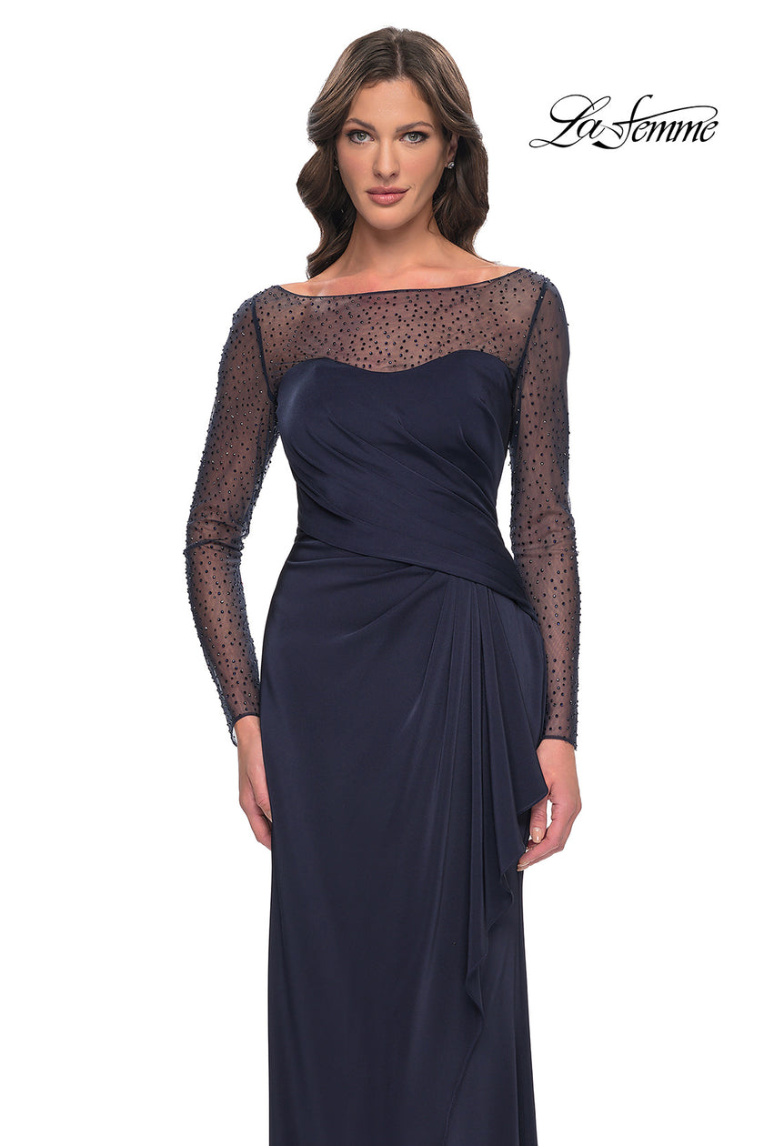 Picture of: Sleek Long Evening Dress with Ruching and Illusion Top in Navy, Style: 30808, Detail Picture 1
