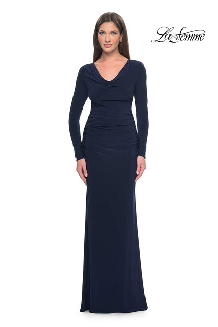 Picture of: Long Jersey Evening Dress with Draped Neckline in Navy, Style: 30813, Detail Picture 1
