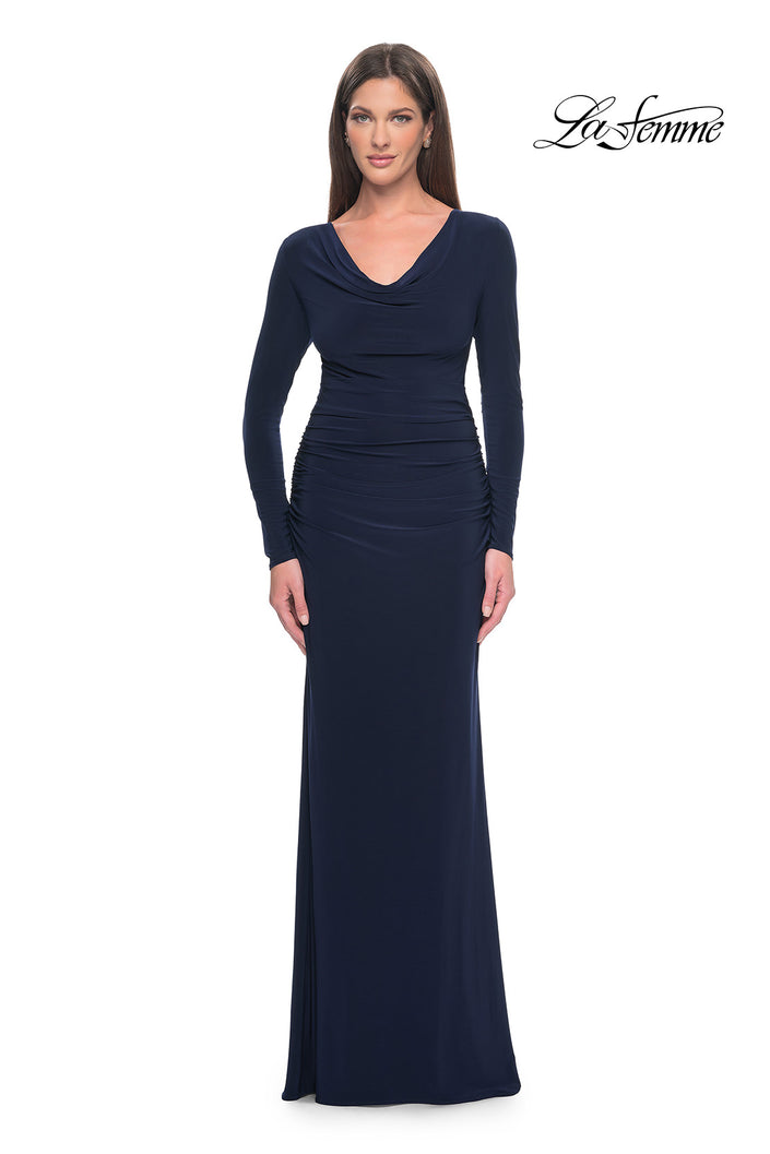 Picture of: Long Jersey Evening Dress with Draped Neckline in Navy, Style: 30813, Detail Picture 1