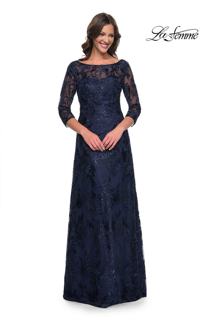 Picture of: Beautiful Lace Mother of the Bride Dress with Illusion Neckline in Navy, Style: 30835, Detail Picture 1