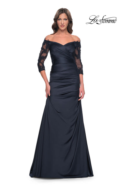 Picture of: Mermaid Satin Dress with Gathering and Off the Shoulder Top in Navy, Style: 30853, Detail Picture 1
