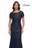 Picture of: Beaded Sequin Chic Evening Dress with Illusion Top and Short Sleeves in Navy, Style: 30877, Detail Picture 1