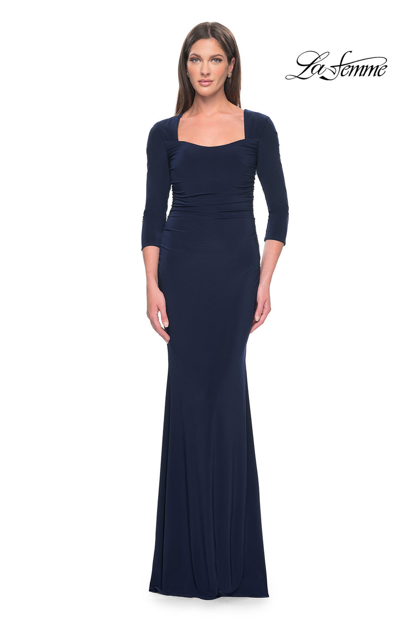 Picture of: Long Jersey Evening Dress with Square Neckline and Sleeves in Navy, Style: 30883, Detail Picture 1